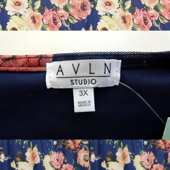 NWT AVLN Navy Floral Faux Wrap Mesh Dress 3X - Picture 8 of 9